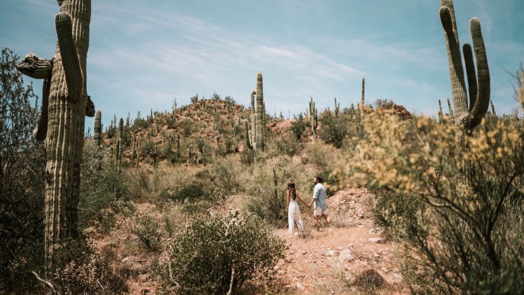 people hiking in desert