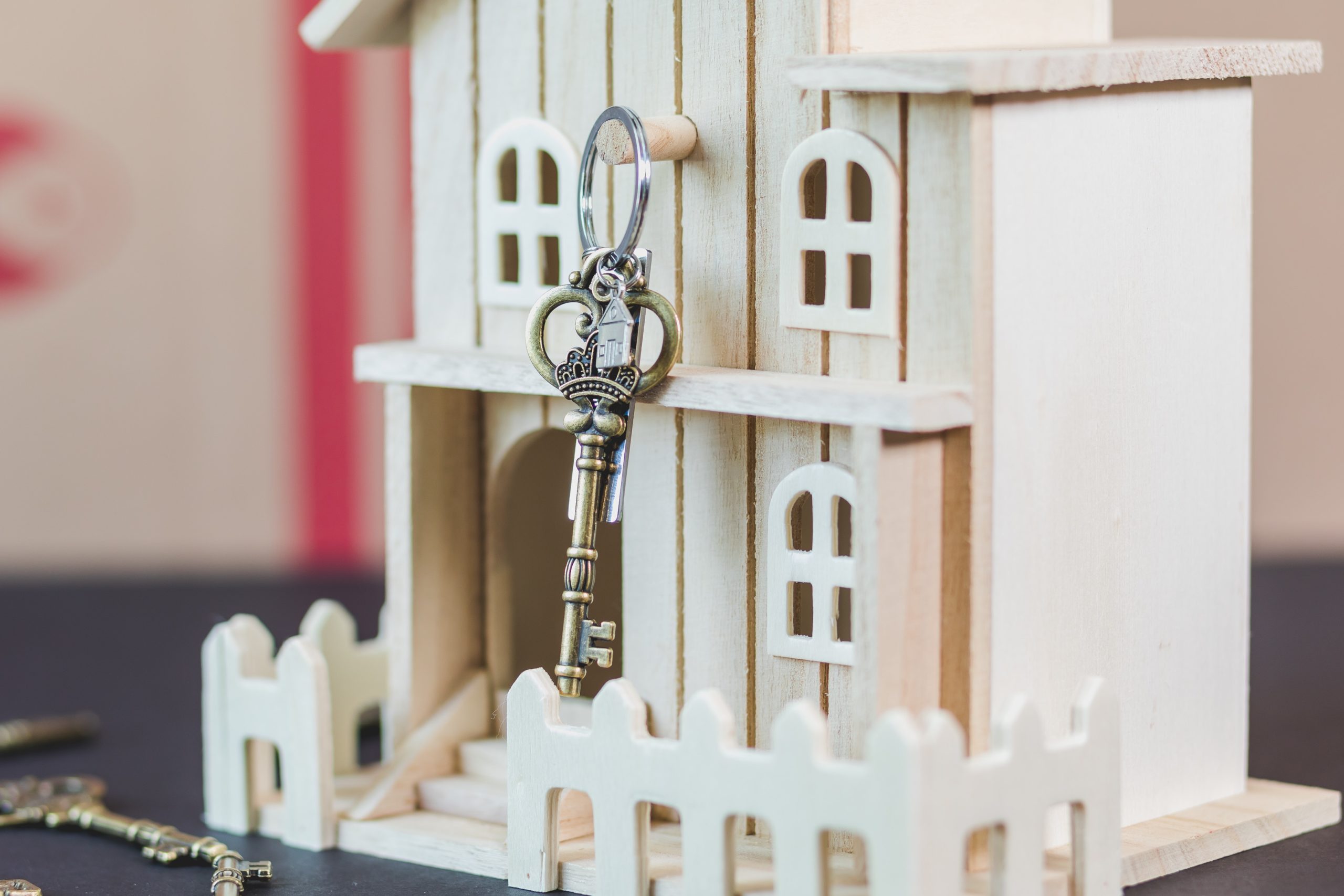 wood house with key keychain