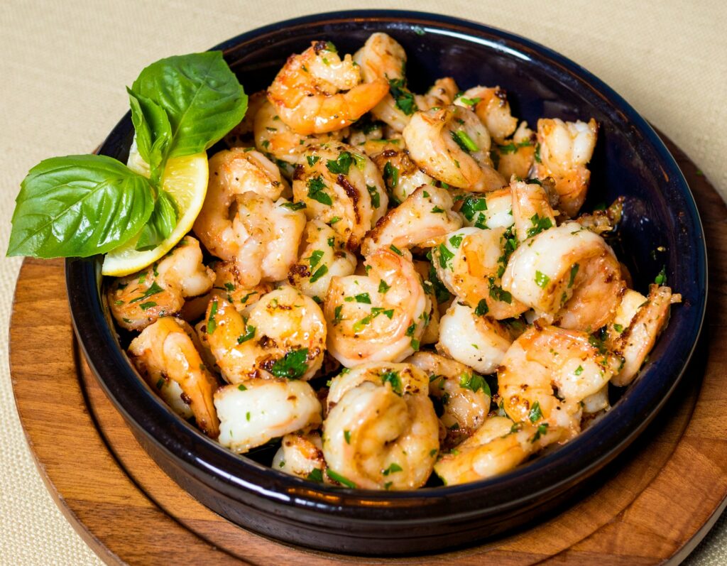 Bowl of cooked shrimp
