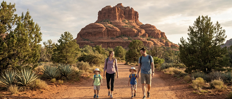 Family of four with two young children in sun hats walking a wide red-dirt trail toward Bell Rock in Sedona, Arizona