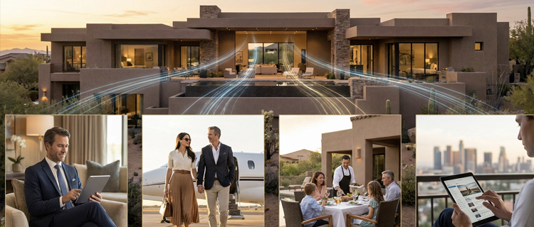 Luxury Arizona vacation home with illustrated data streams flowing to it above panels of a traveler on a tablet, a couple by a private jet, a family being served dinner, and a guest browsing listings