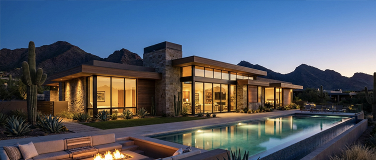 Twilight exterior photo of a modern Arizona desert home with glowing interior lights, a lit fire pit, and a long pool against mountain silhouettes
