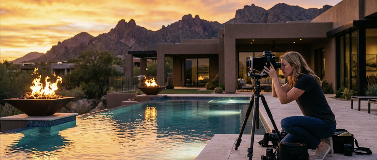 Professional photographer crouched behind a camera on a tripod shooting an Arizona vacation rental's pool and fire bowls at sunset
