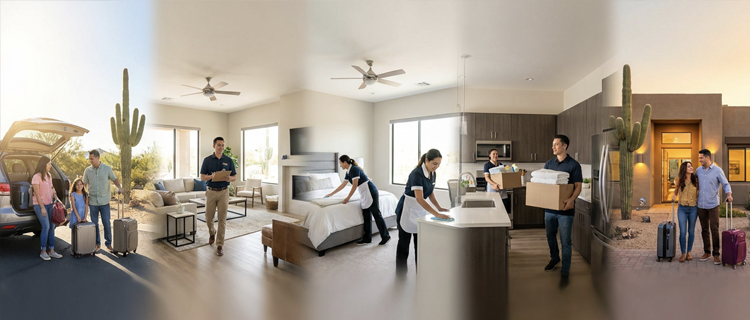 Collage of a vacation rental turnover day: guests loading the car at checkout, an inspector walking the living room, housekeeping making the bed, a restocking delivery in the kitchen, and new guests arriving at sunset