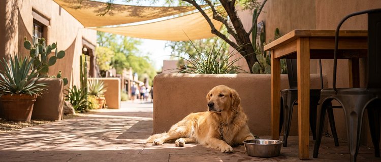 Golden retriever resting in the shade beside a water bowl on a dog-friendly Arizona restaurant patio