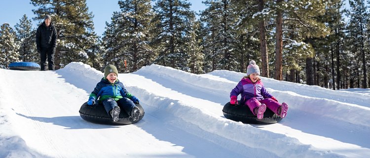 Children in winter gear tubing down a groomed snow lane at a Flagstaff snow-play park with pine trees behind