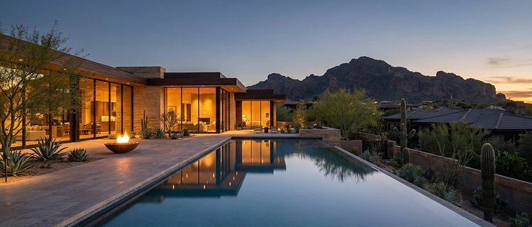 Luxury Paradise Valley home with an infinity pool and fire bowl at dusk below Camelback Mountain